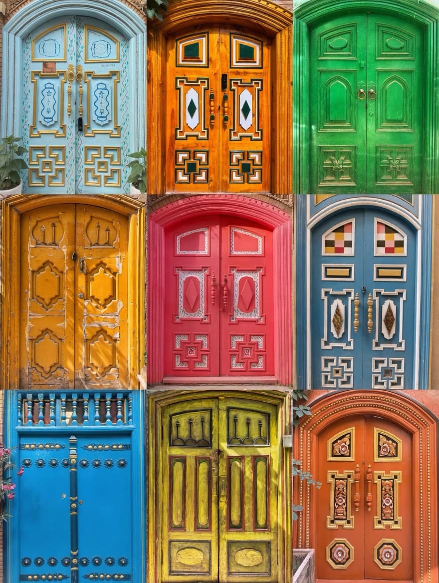 Weathered yellow wooden door with peeling paint and arched panels