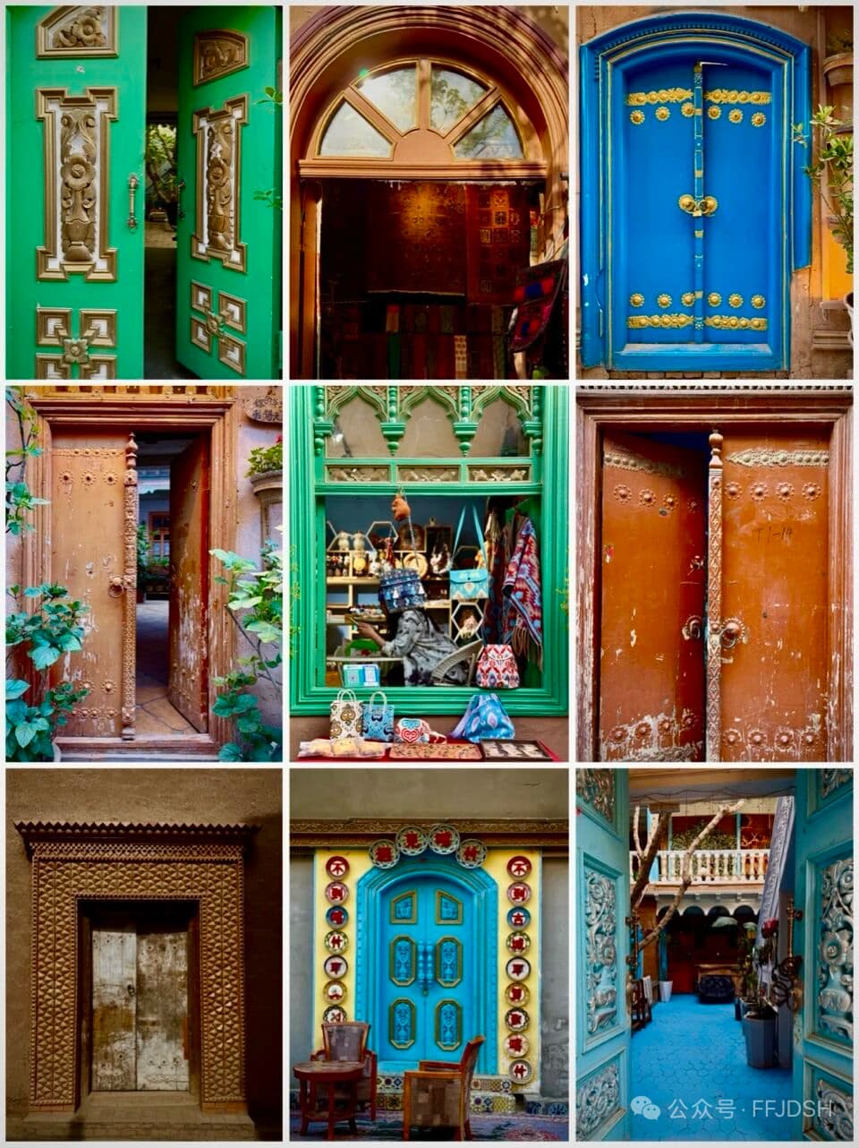 Bright blue Uyghur door with rows of brass studs