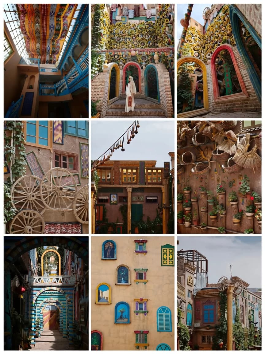 Uyghur courtyard architecture with colorful arches, walls, textiles, and windows